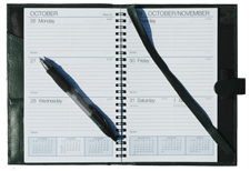 inside view of green leather Forever planner showing weekly calendar